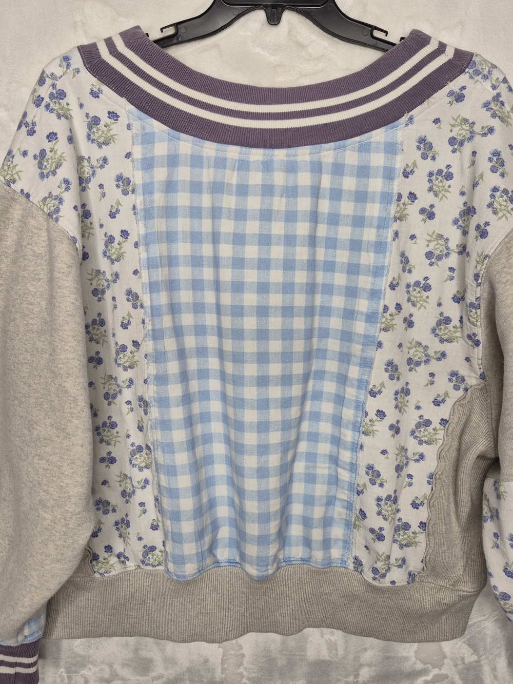 Free People Lucy Patchwork Gingham Floral Varsity V-Neck Sweatshirt Medium - Picture 10 of 15